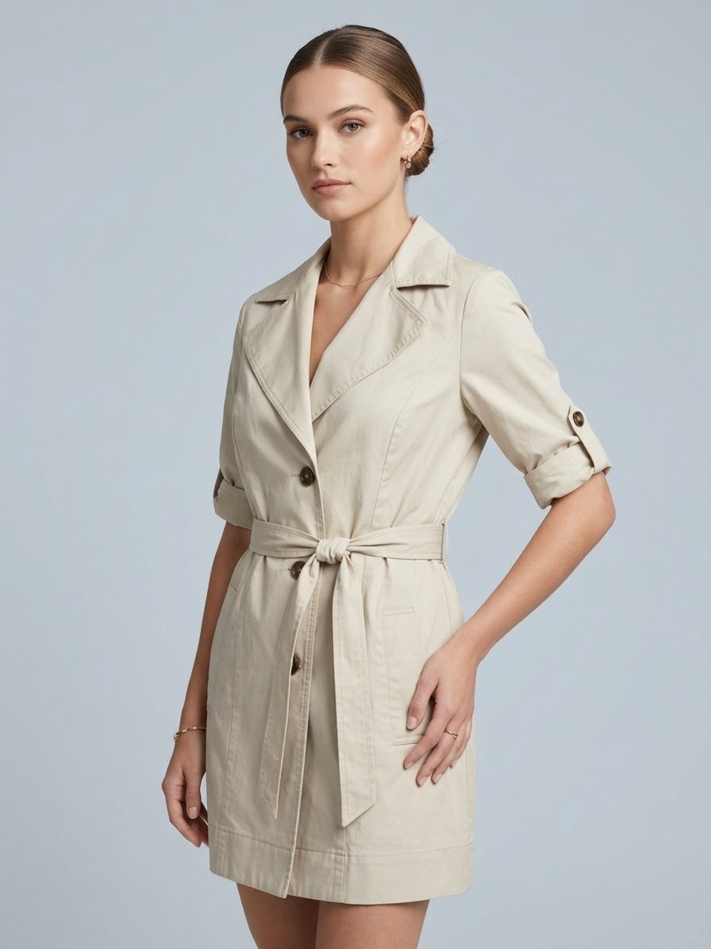 Cabi Cotton Lightweight Trench Coat Belted Short Sleeve Gabardine Beige Tan M